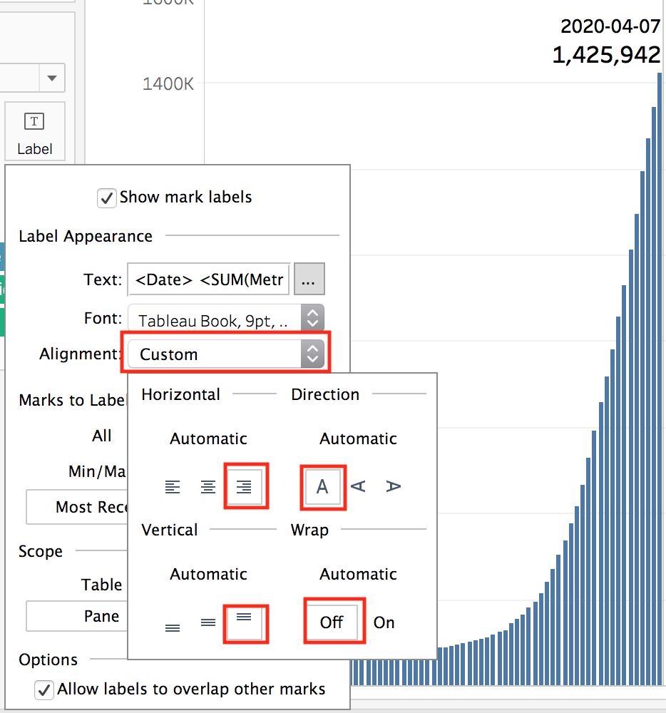 Label Alignment sub-menu with the alignment settings customized as described.