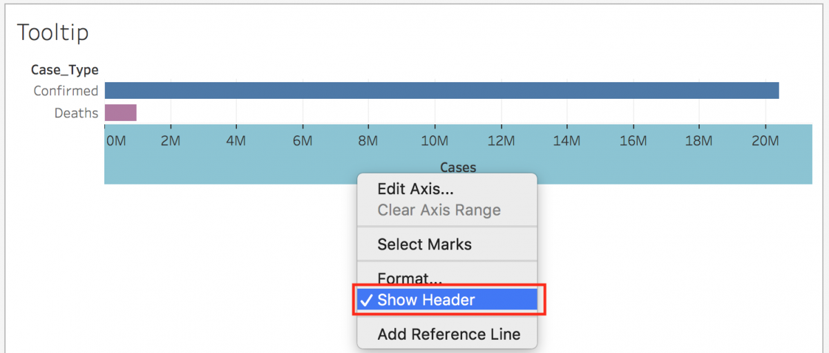 Tooltip sheet with the X-axis menu, the menu item "Show Header" is highlighted.