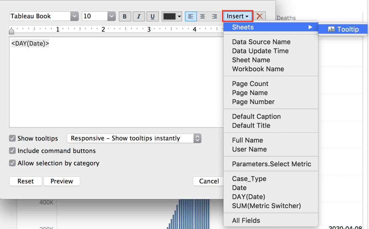 The "Edit Tooltip" pop up window with the “Insert” dropdown menu. The menu item “Sheets” and its sub-menu item “Tooltip” are also displayed.