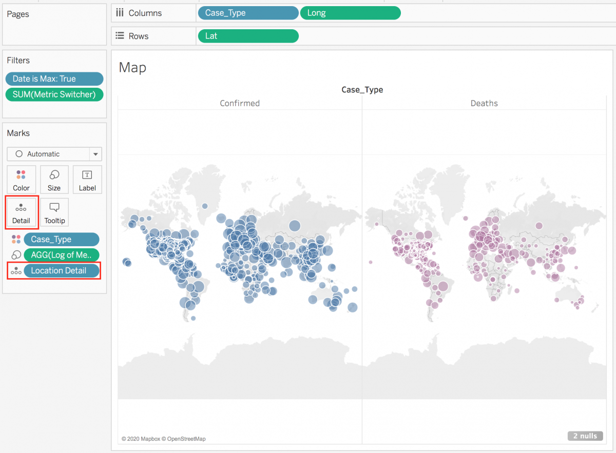 Overview of Map worksheet with Location Detail added to the Detail marks card