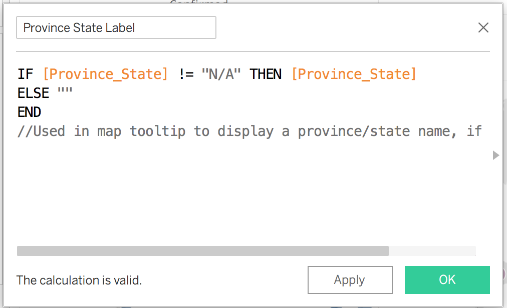 "Create Calculated Field" pop up window with the described formula added for "Province State Label"