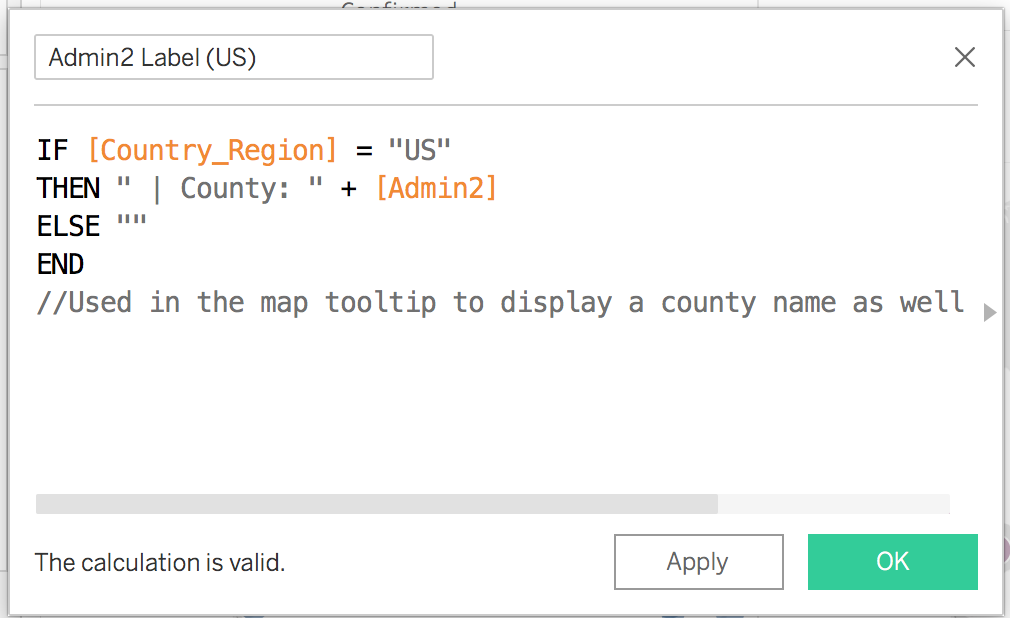 "Create Calculated Field" pop up window with the described formula added for "Admin2 Label (US)"