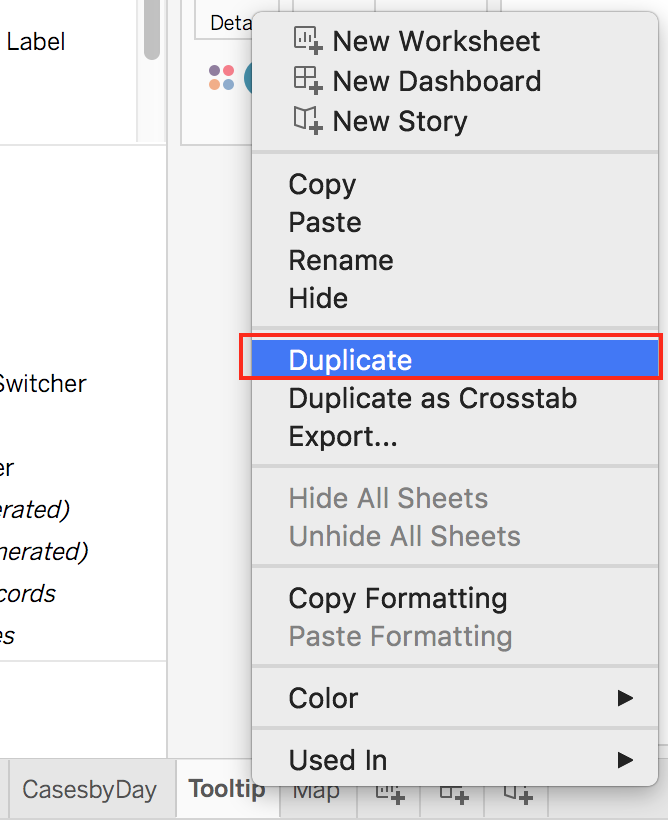 Tooltip worksheet menu with the menu item "Duplicate" highlighted