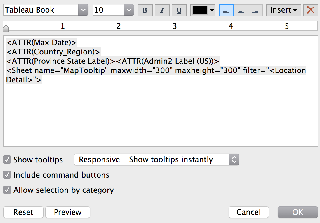 "Edit Tooltip" pop up window with the described text inserted