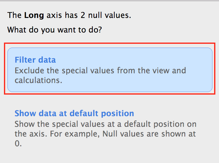 Null value warning popup, with the item "Filter data" highlighted