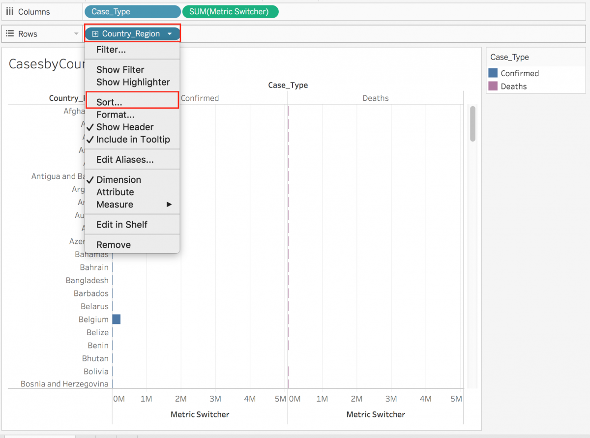 CasesbyCountry worksheet with the "Country_Region" dropdown menu. The menu item "Sort" is highlighted.