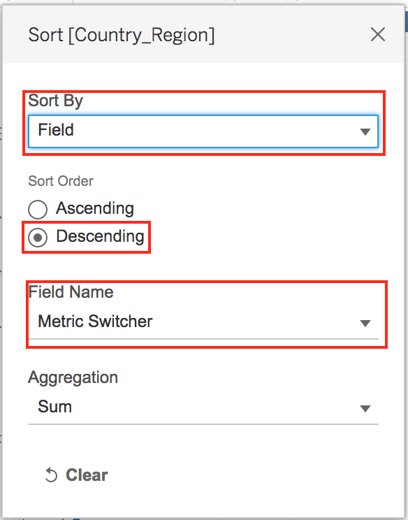 The "Sort [Country_Region]" pop up window with the settings customized as described