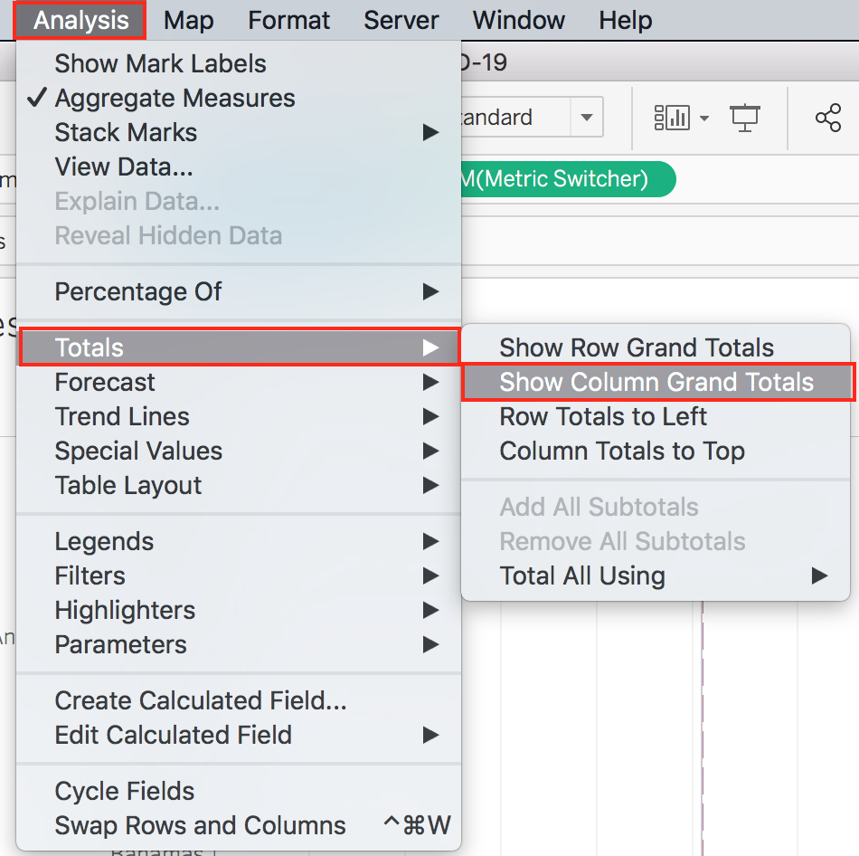 The Analysis drop down menu with the menu item “Totals” and the sub-menu item "Show Column Grand Totals" highlighted
