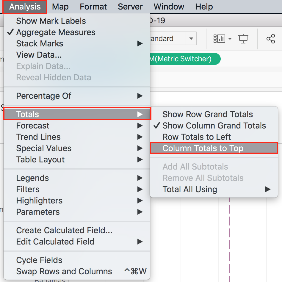 The Analysis drop down menu with the menu item “Totals” and the sub-menu item "Column Totals to Top" highlighted