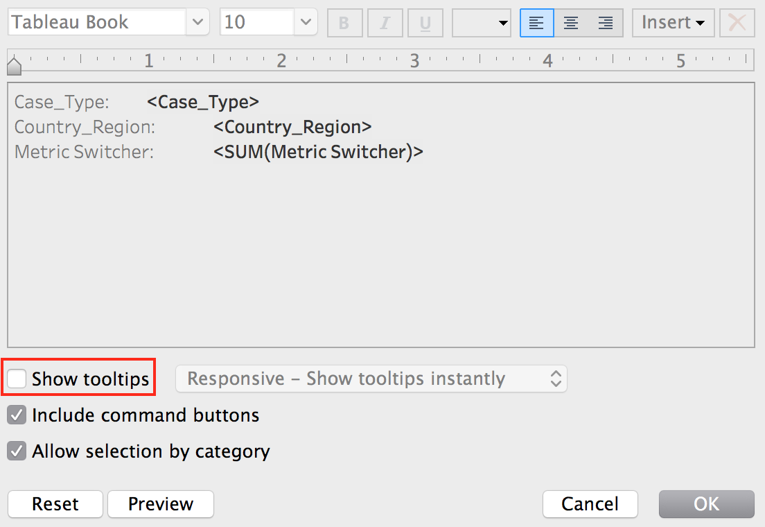 The "Edit Tooltip" pop up window with the item "Show tooltips" unchecked