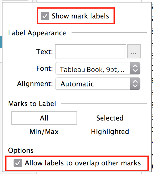 Label menu with the items "Show mark labels” and "Allow labels to overlap other marks" highlighted
