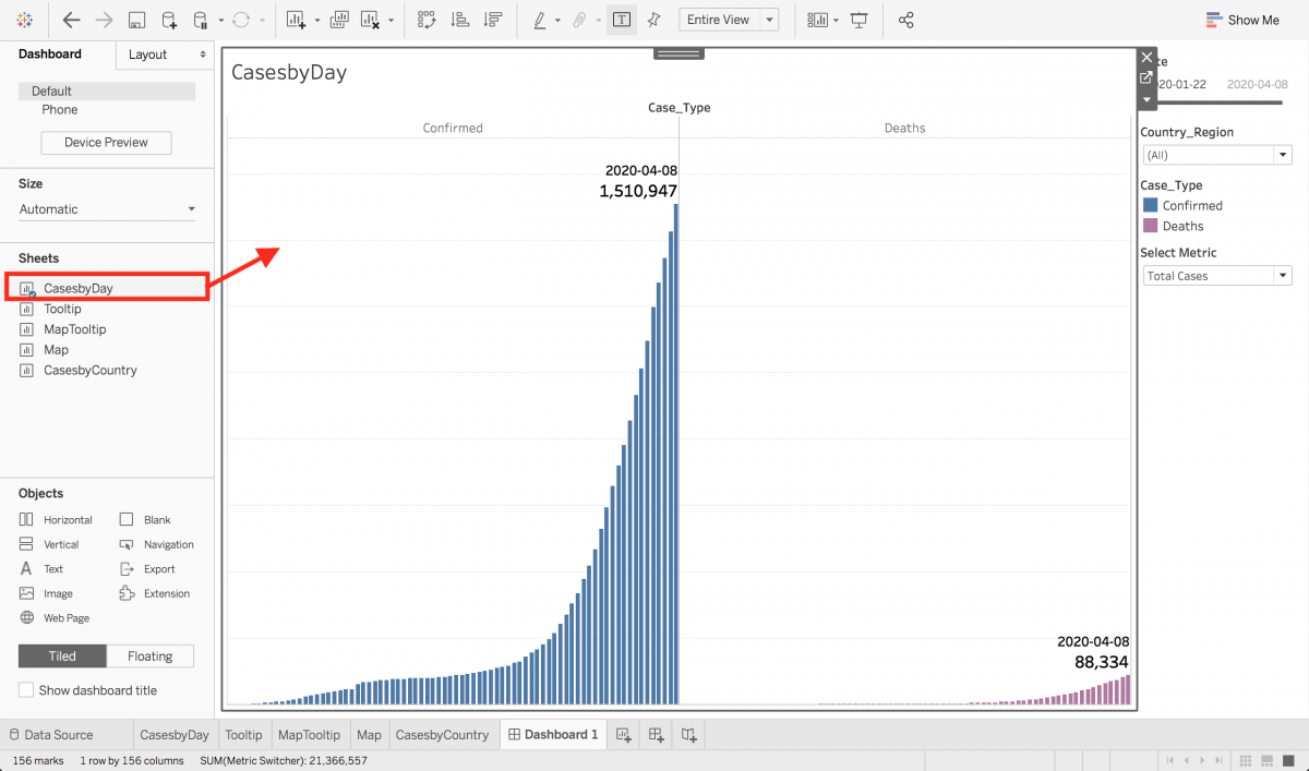 Dragging the "CasesbyDay" sheet onto the dashboard