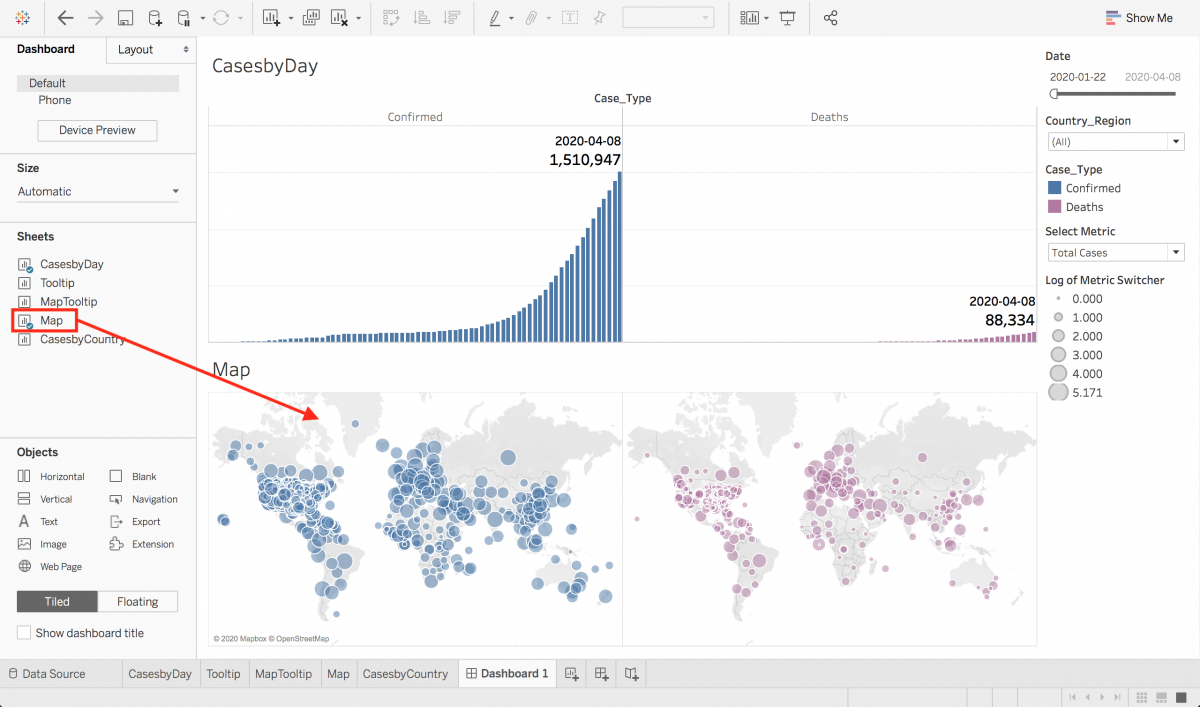 Dragging the "Map" sheet to the bottom half of the dashboard