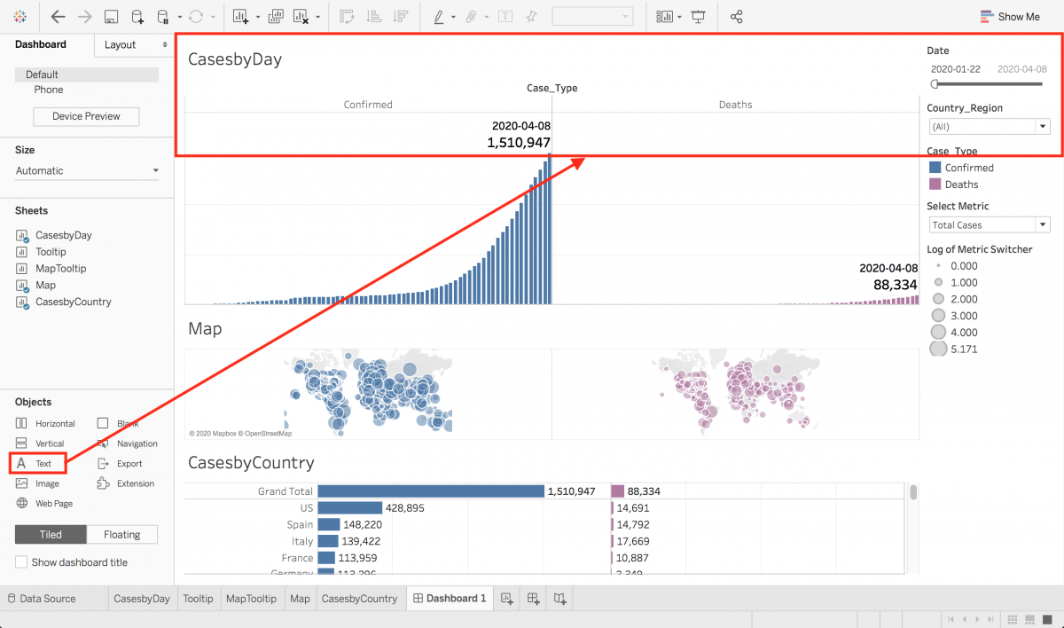 Dragging "Text" to the top of the dashboard