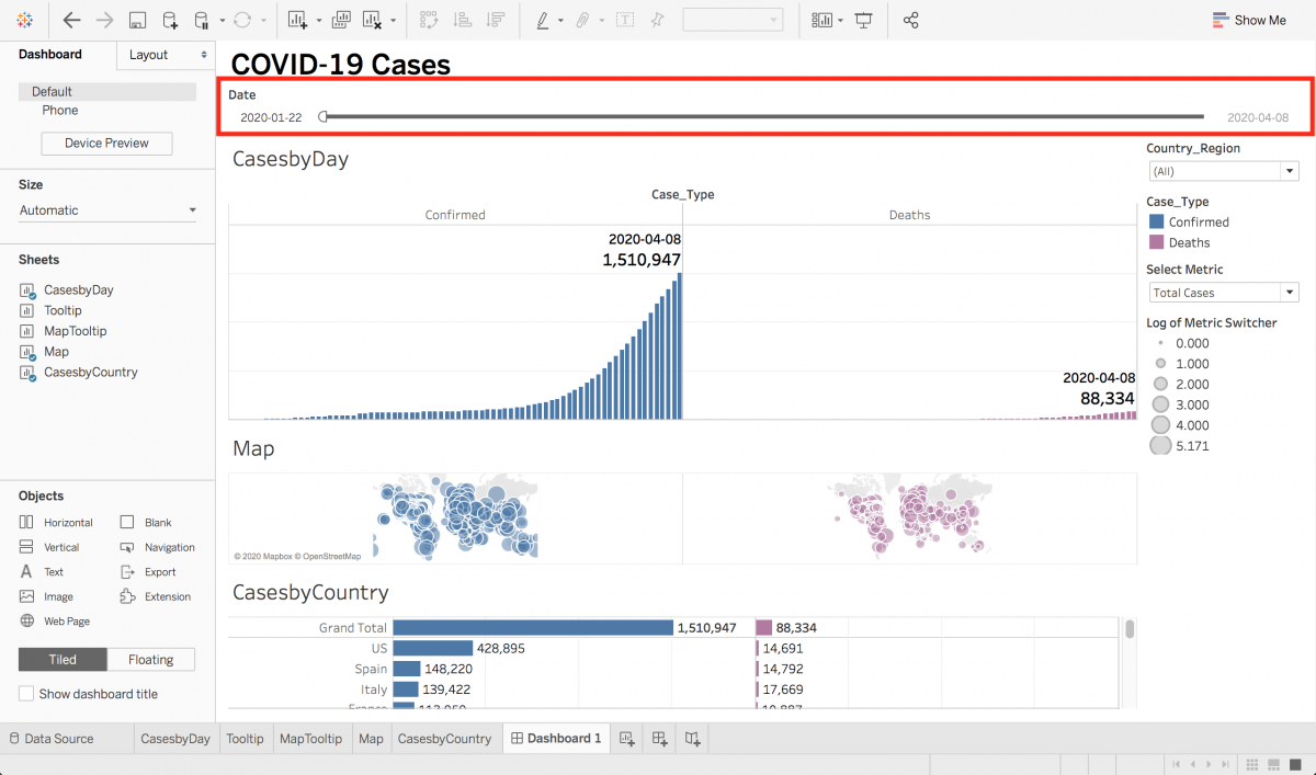 Dashboard with "Date" filter item moved and resized