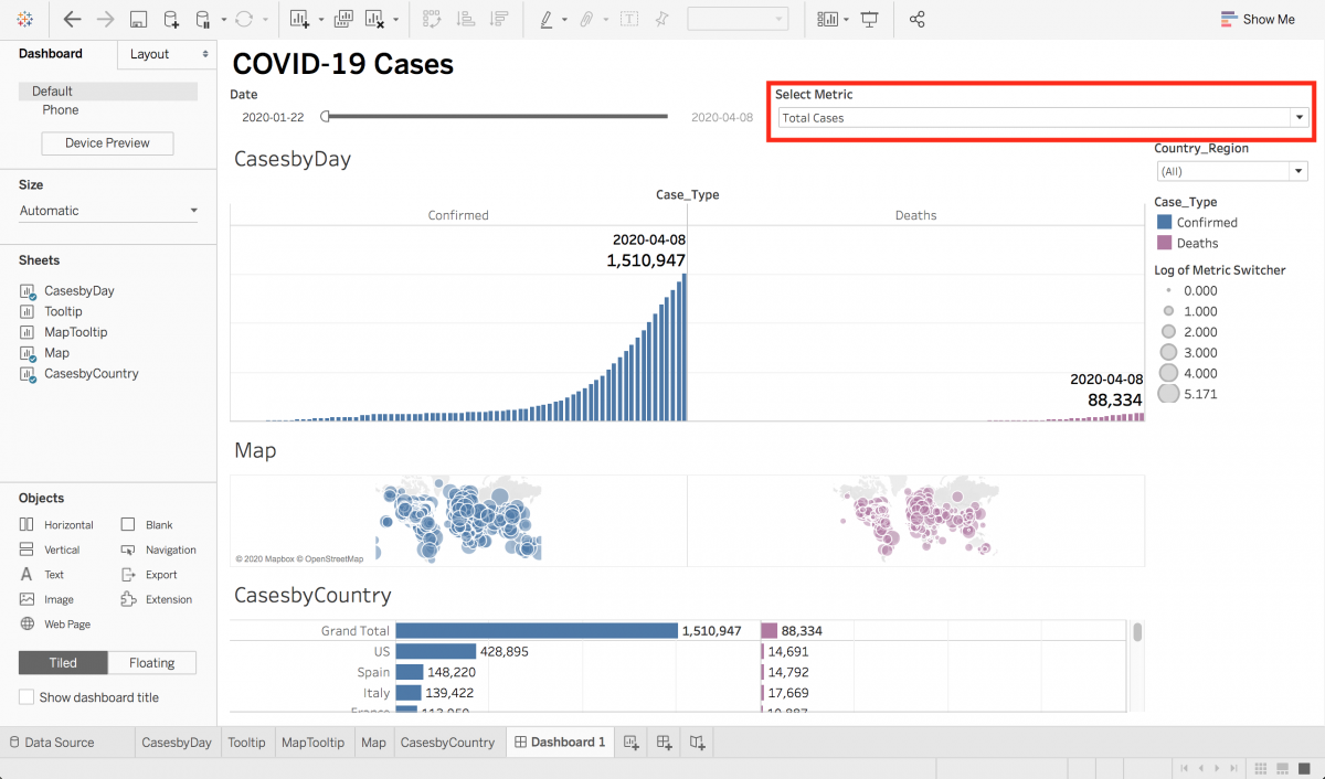 Dashboard with the "Select Metric" item moved
