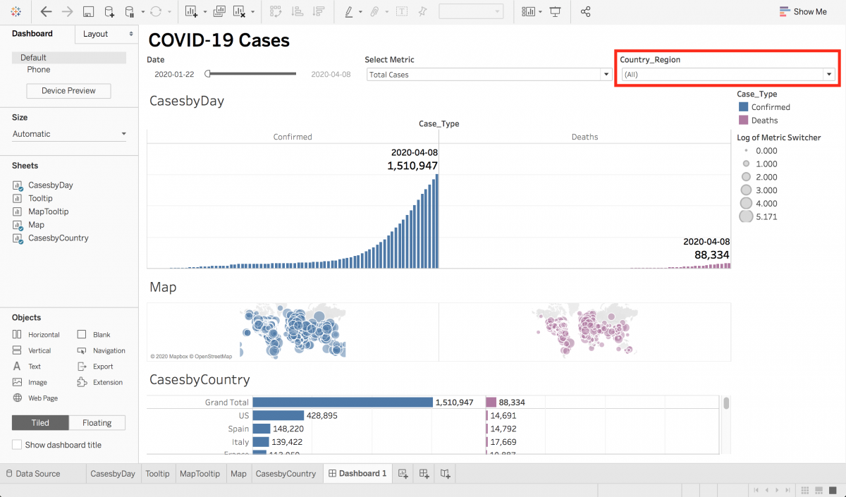 Dashboard with the "Country_Region" filter item moved