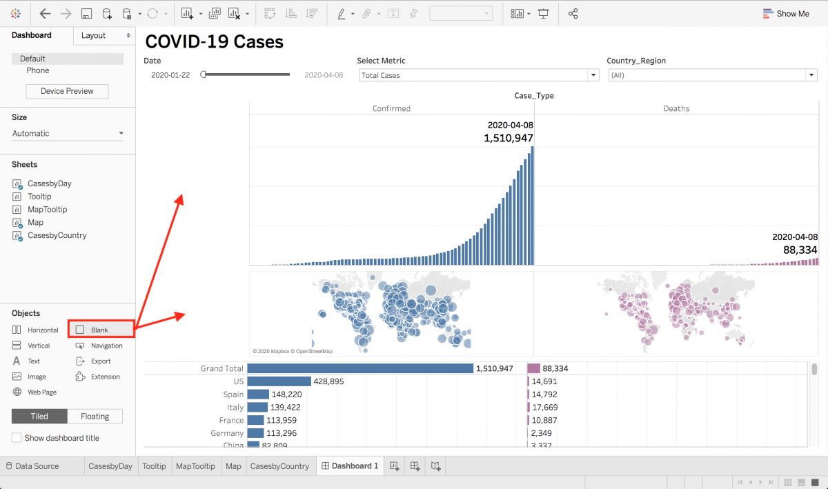 Dashboard with the "Blank" object being dragged to two locations