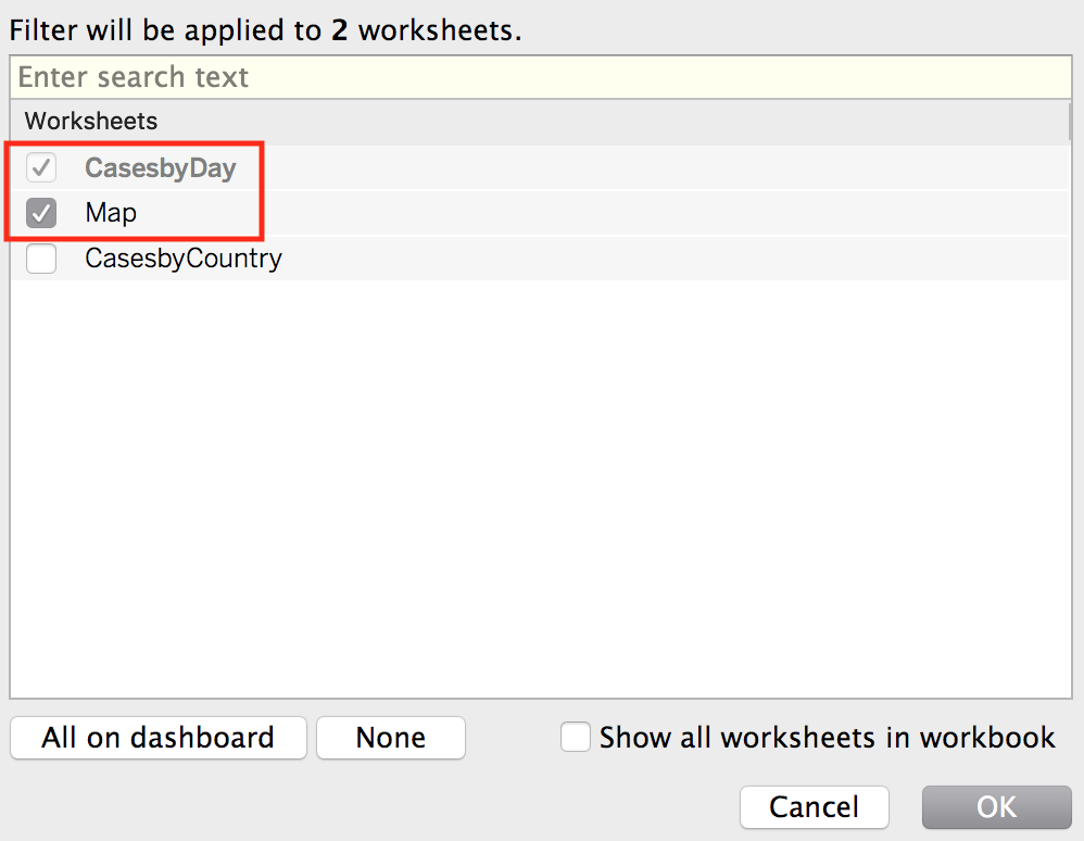 "Apply Filter to Worksheets" pop up window with the items "CasesbyDay" and "Map" checked off