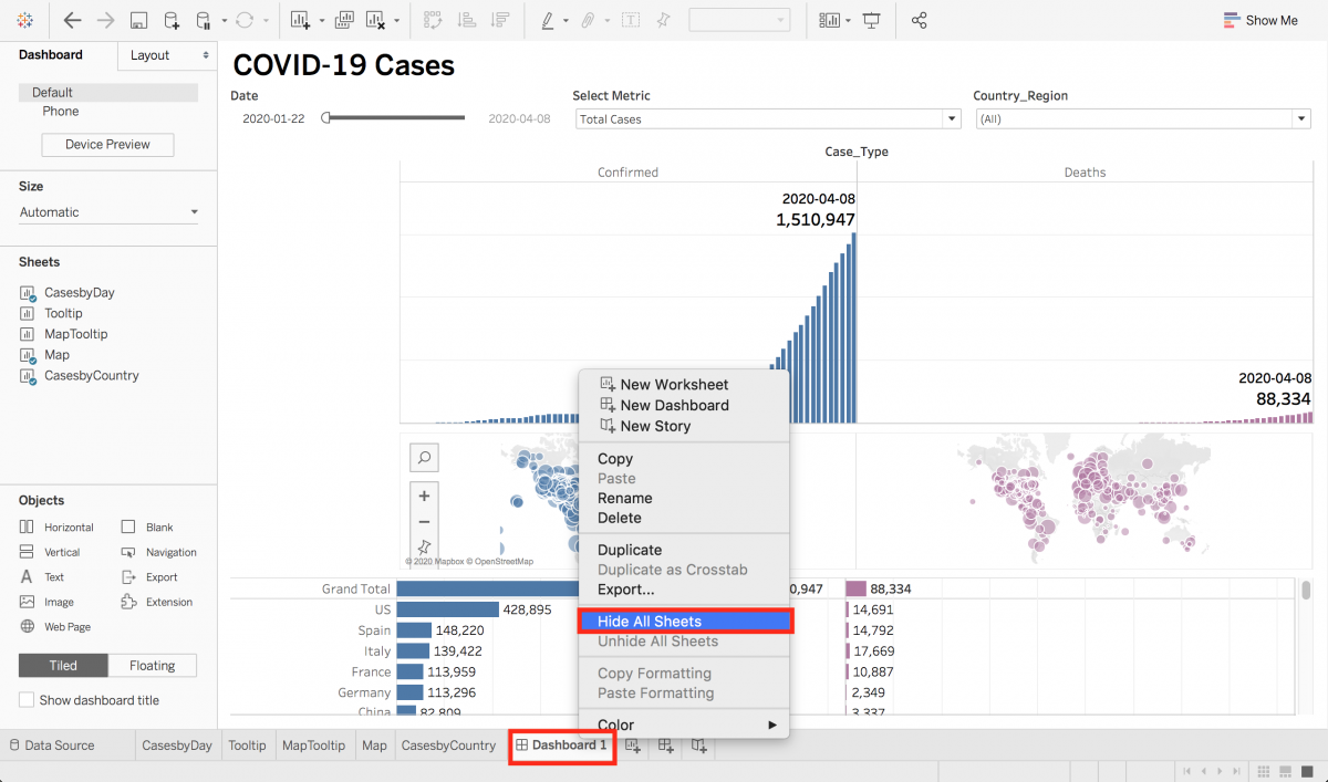 Dashboard menu with the menu item "Hide All Sheets" highlighted