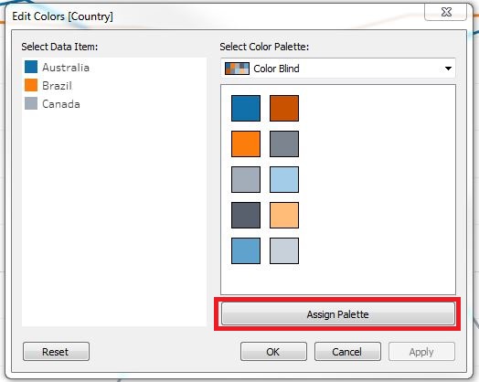 Pop-up window displaying the Edit Colors options, with the ‘Assign Palette’ button highlighted