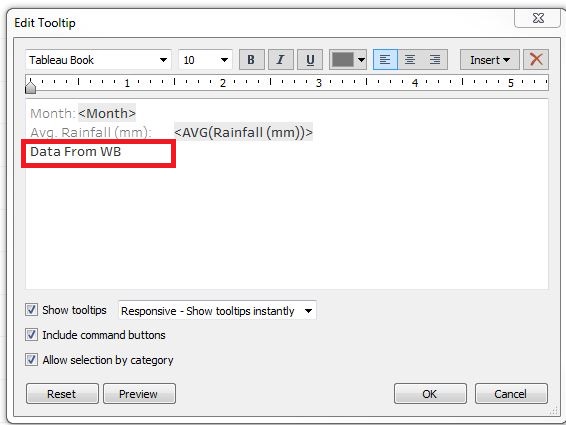 Image displaying the Edit Tooltip pop-up window. 'Data From WB' is written in its textbox, underneath the default text.