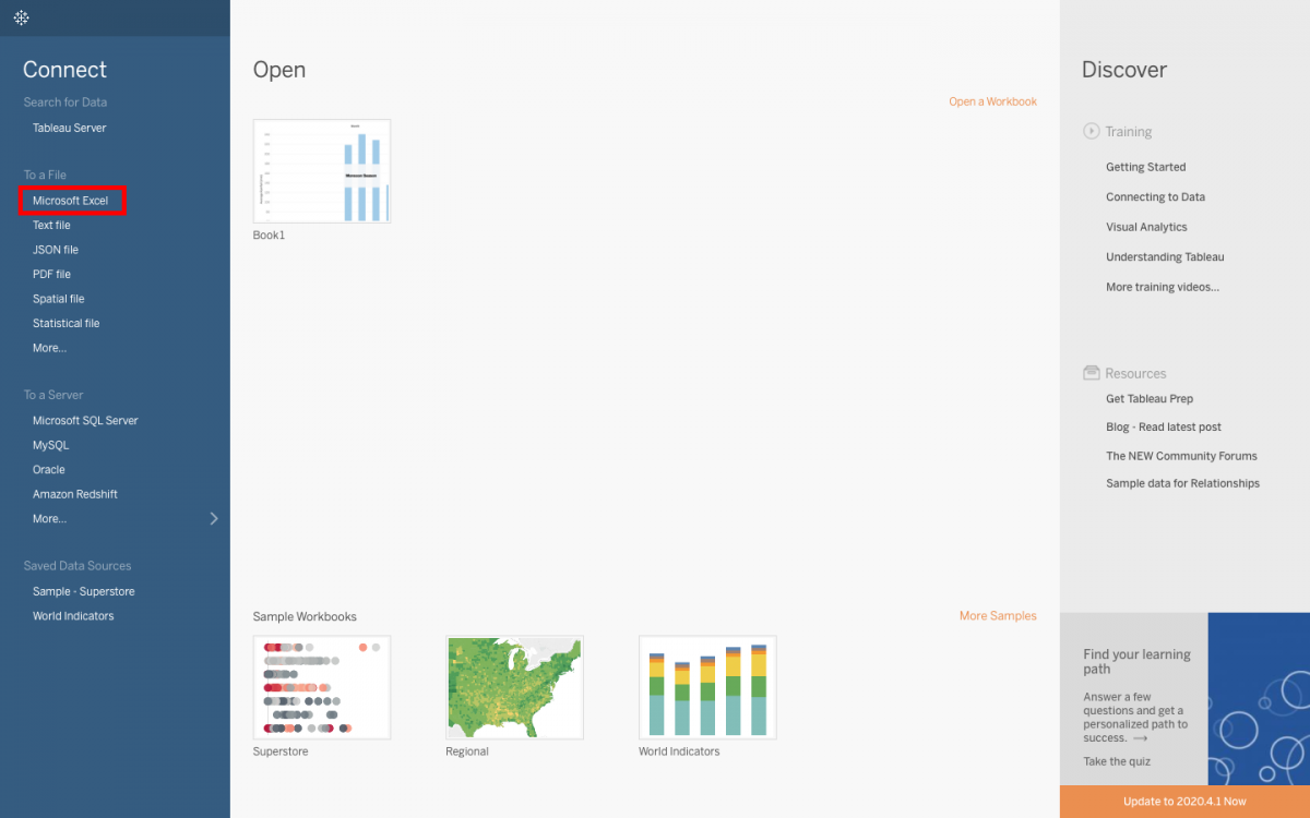 Connect to file menu with Microsoft Excel highlighted.