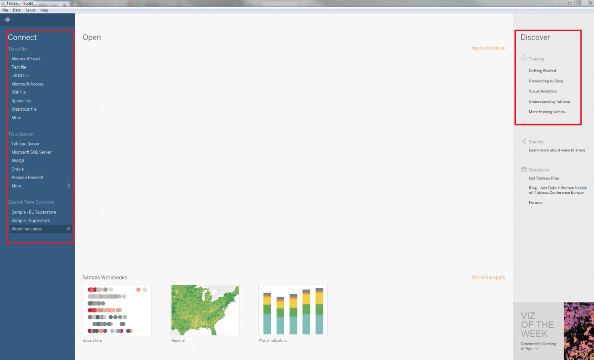 Initial Tableau start-up page showing connect to file options and sample dataset options