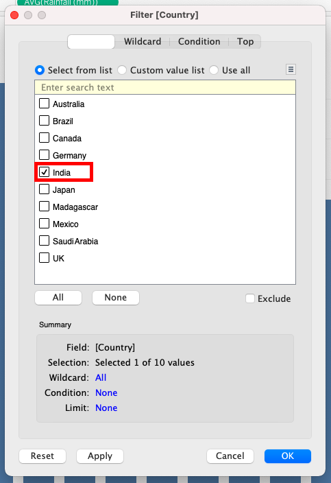 Filter [Country] menu with India highlighted. 