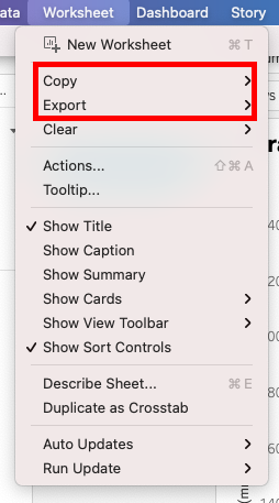 Worksheet tab with Copy and Export highlighted.