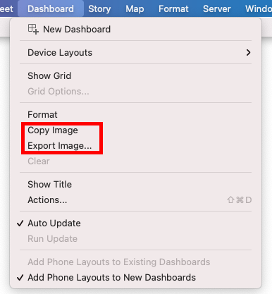 Dashboard tab with Copy and Export image options highlighted. 