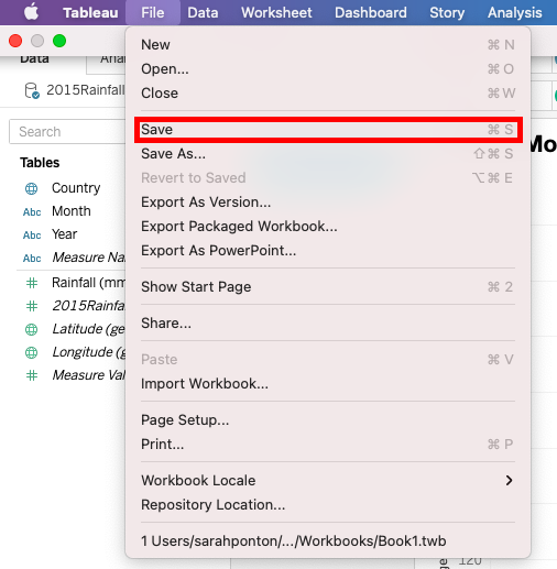 How to save workbook by using the file tab, with save highlighted.