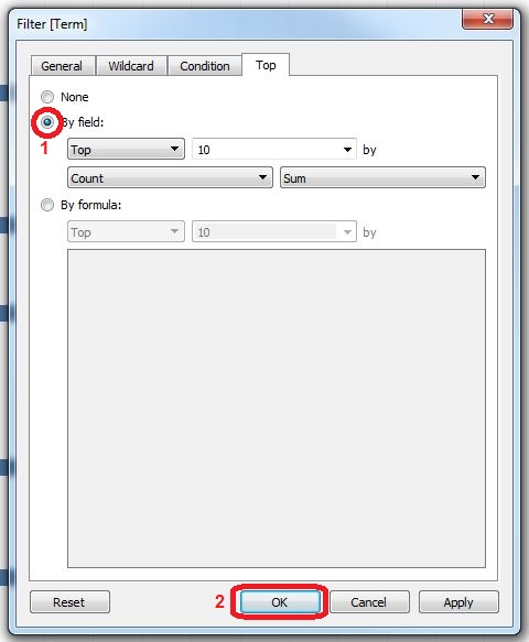 The Filter pop-up window is displayed, with the "By field" section and "OK" button highlighted.