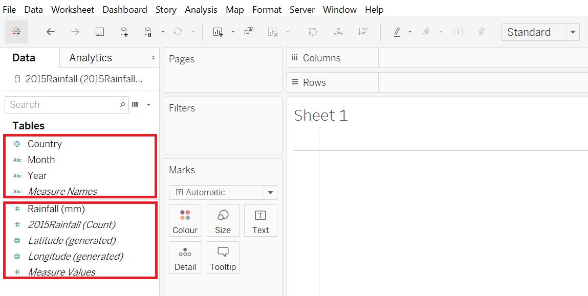 Highlight of the Dimensions section at the top and the Measures section directly below it in the Sidebar