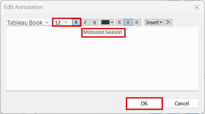 Edit window with Monsoon Season written with bolding and font size applied