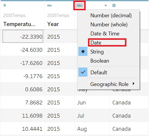 Image showing the configuration of the variable type in the initial data source view for the variable, 'Month'. A dropdown menu is displayed with a list of variable configuration options: the option 'Date' is highlighted.