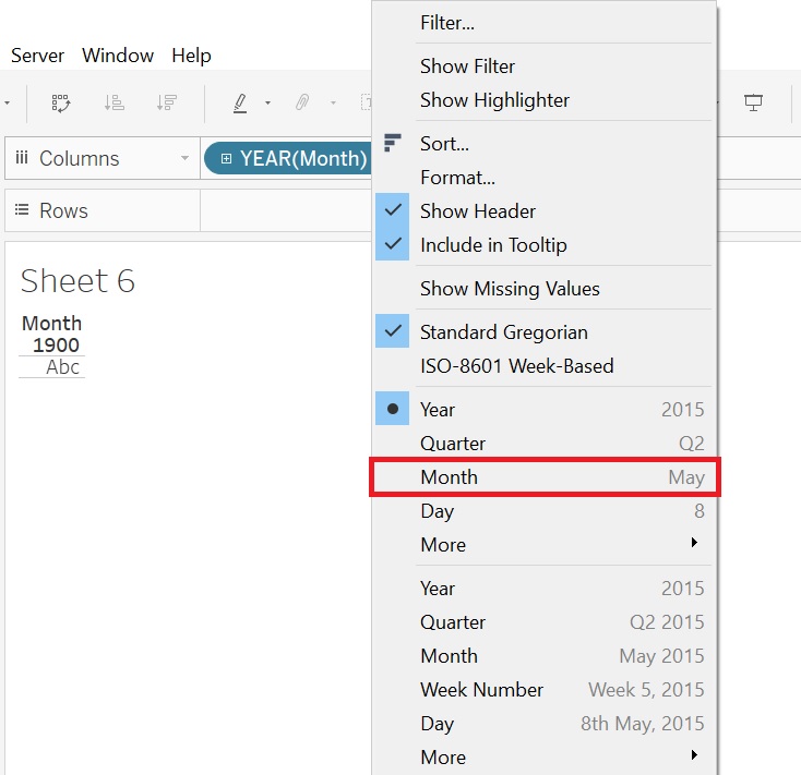 Image showing the configuration for month. A drop-down menu is displayed with a list of configuration options, the first option 'Month' is highlighted.
