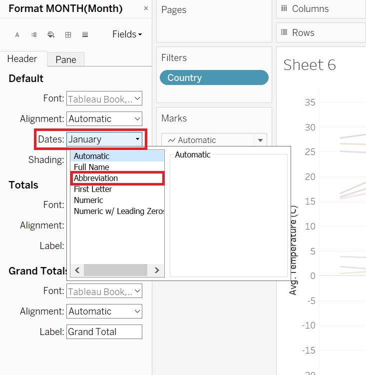 Image showing the location of the Dates formatting options in the ‘Format Month’ window. A drop-down menu emerges from it, with the option ‘Abbreviation’ highlighted. 