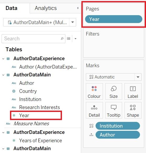 Image highlighting the variable 'Year' in the Dimensions section and the Pages card. 