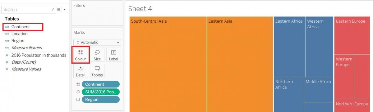Image highlighting the variable 'Continent' in the Dimensions section as well as the Colour box in the Marks card.
