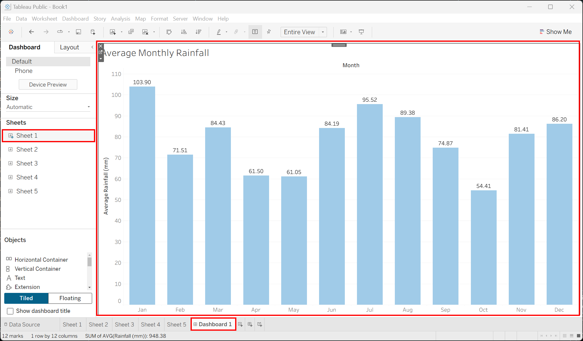 Image showing Sheet 1 highlighted in the Sidebar as well as the result of dragging the sheet to the dashboard area.