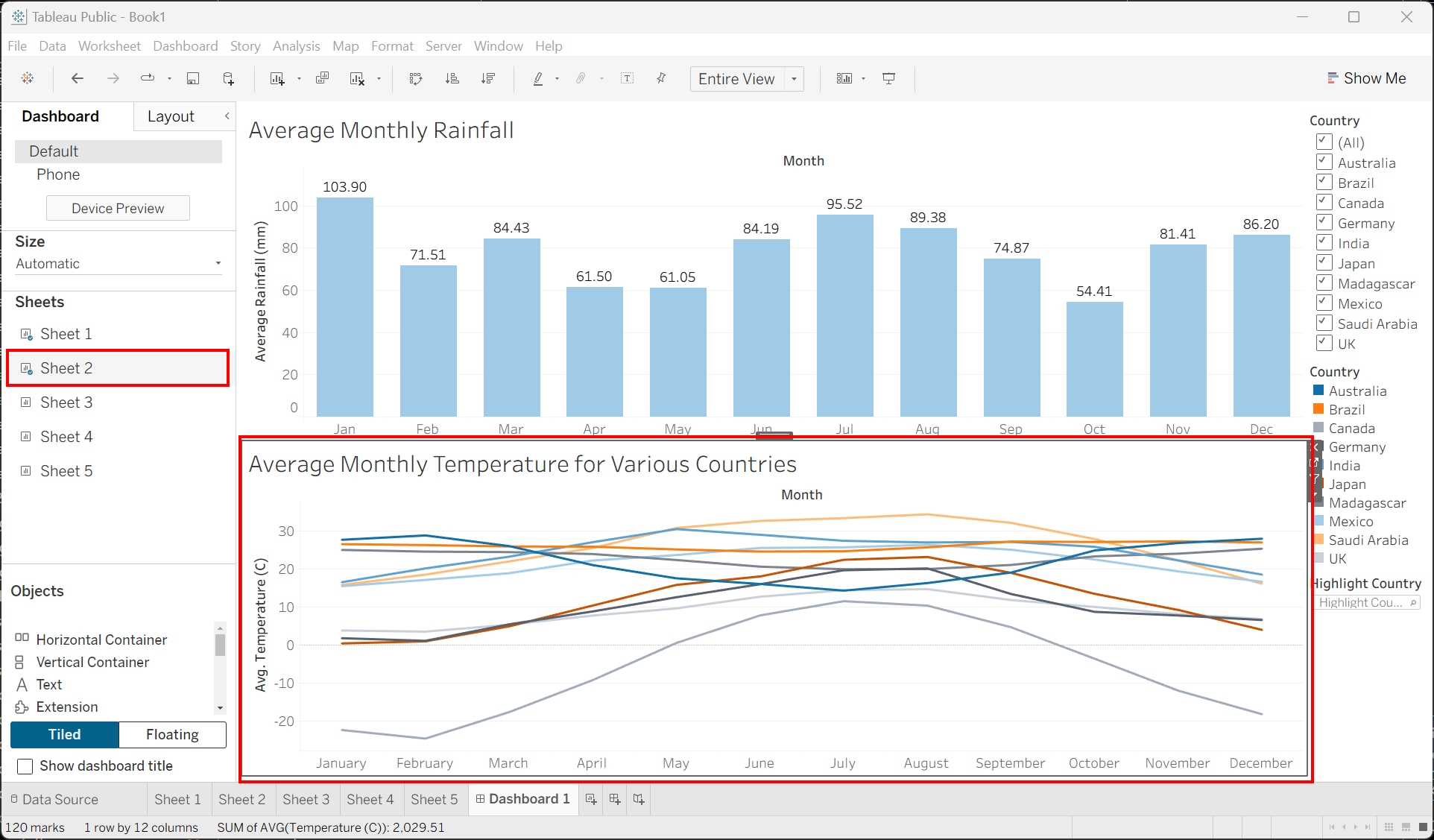 Image showing Sheet 2 highlighted in the Sidebar as well as the bottom of the dashboard area highlighted, where Sheet 2 has been dragged. 