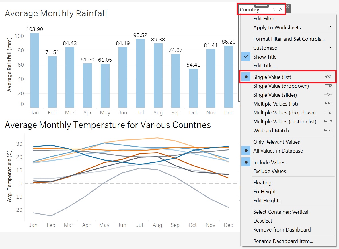Image displaying a dropdown menu emerging from the Country filter title. In the dropdown menu ‘Single Value (list)' is selected. 