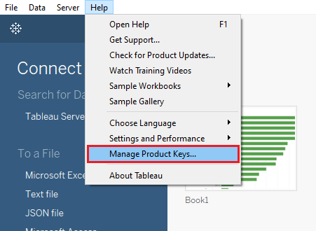 Finding the 'Manage Product Keys...' on Tableau's homepage.