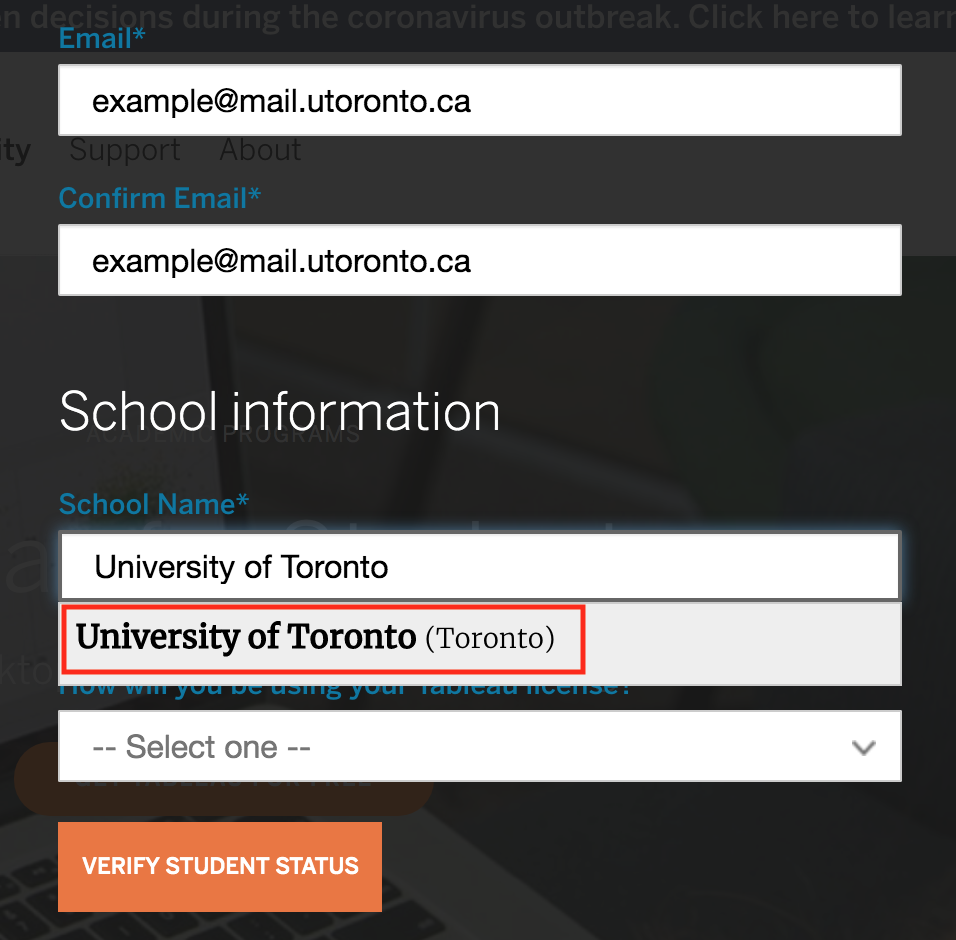 Form with example data filled in, and University of Toronto highlighted under School Information