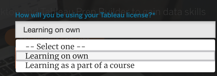 Drop down menu for How will you be using your Tableau license?