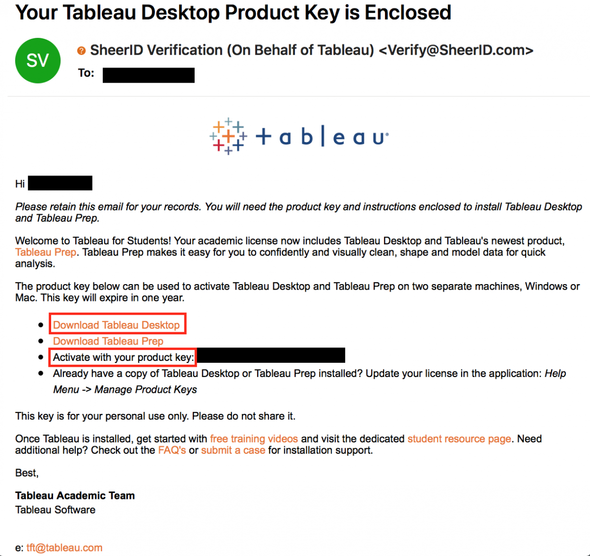 Sample email with product key and download links