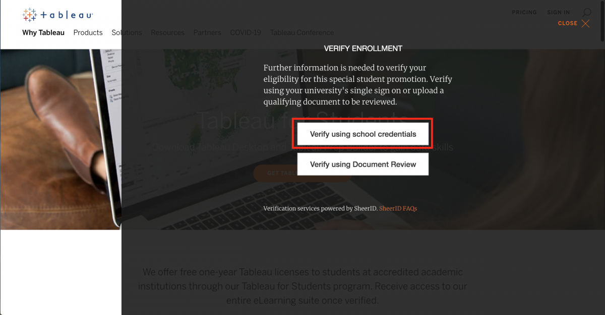 Tableau student verification form, with Verify using school credentials highlighted