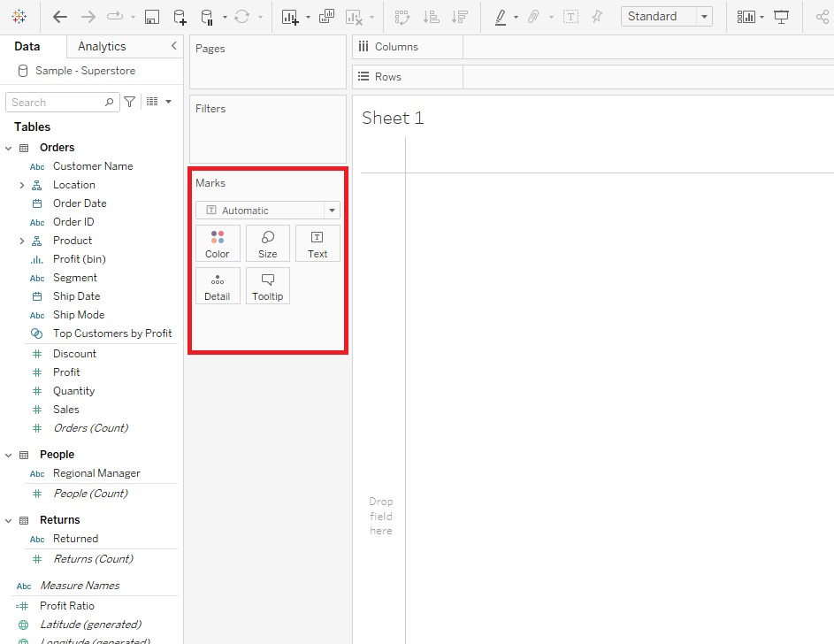 The Marks area is outlined with a red box underneath the Pages and Filters boxes