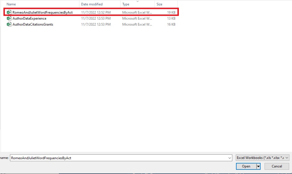 RomeoAndJulietWordFrequenciesByAct.xls outlined with a red box